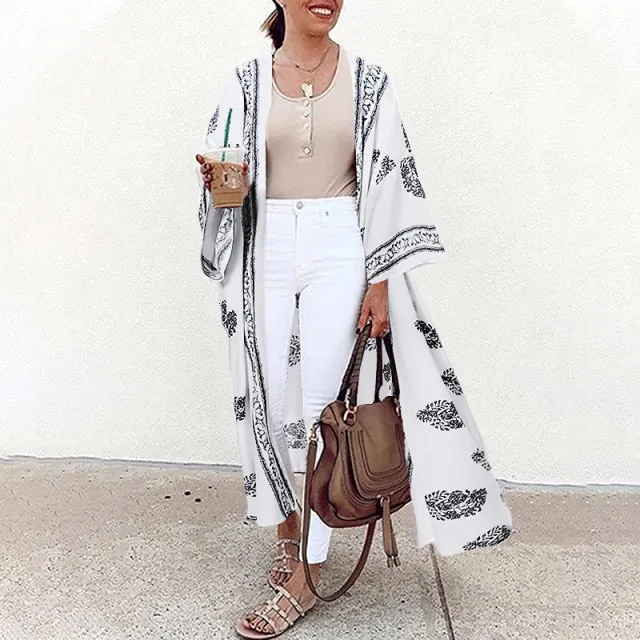 Bohemian Floral Print Summer Beach Cardigan Open Front Long Sleeve Long Kimono