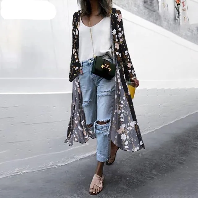 Bohemian Floral Print Summer Beach Cardigan Open Front Long Sleeve Long Kimono