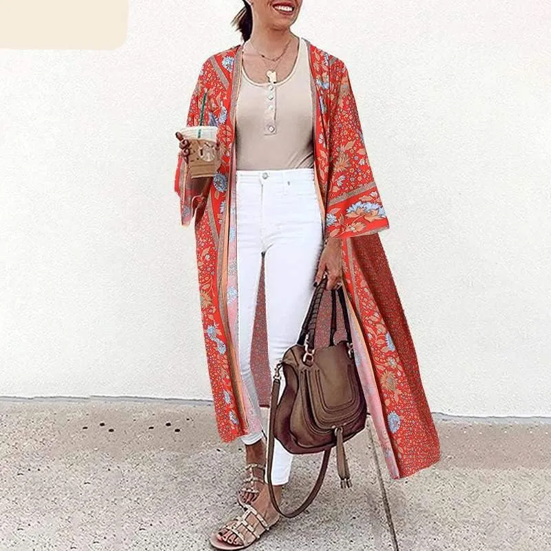 Bohemian Floral Print Summer Beach Cardigan Open Front Long Sleeve Long Kimono