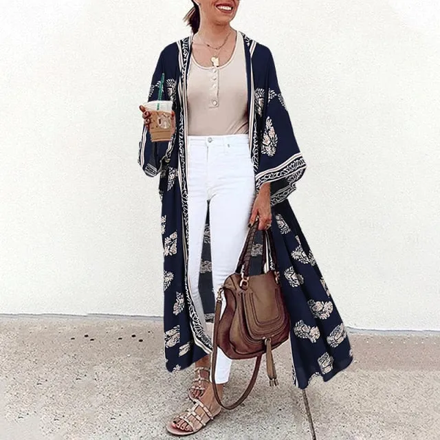 Bohemian Floral Print Summer Beach Cardigan Open Front Long Sleeve Long Kimono