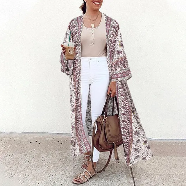 Bohemian Floral Print Summer Beach Cardigan Open Front Long Sleeve Long Kimono