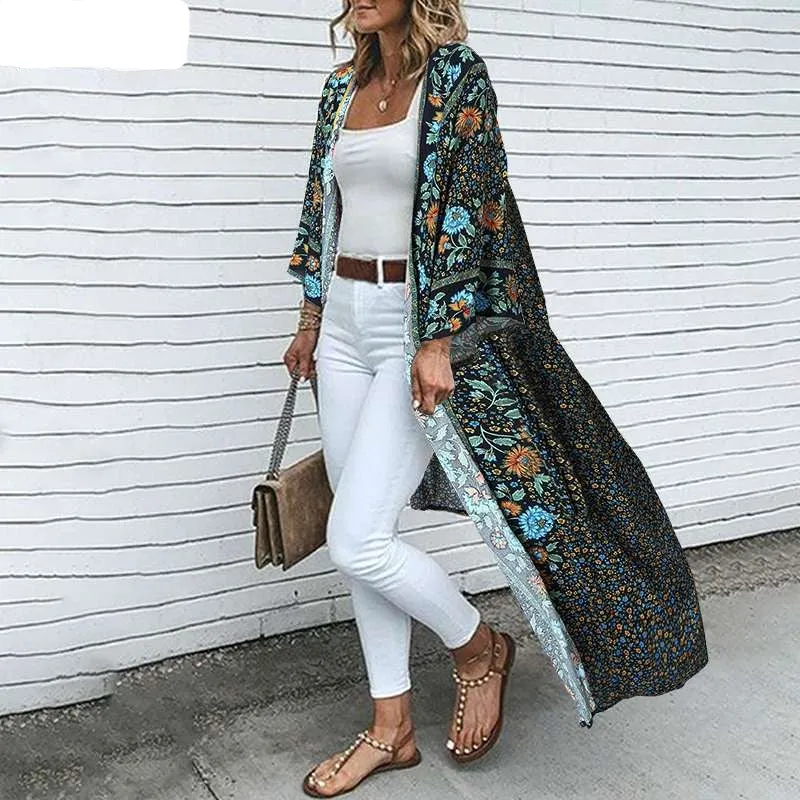 Bohemian Floral Print Summer Beach Cardigan Open Front Long Sleeve Long Kimono