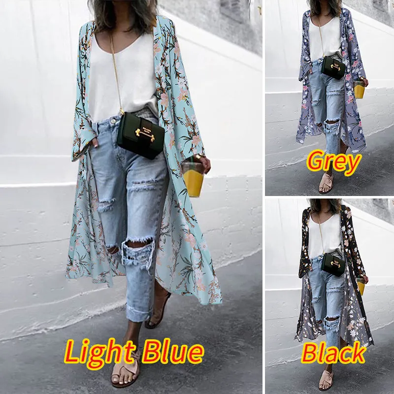 Bohemian Floral Print Summer Beach Cardigan Open Front Long Sleeve Long Kimono