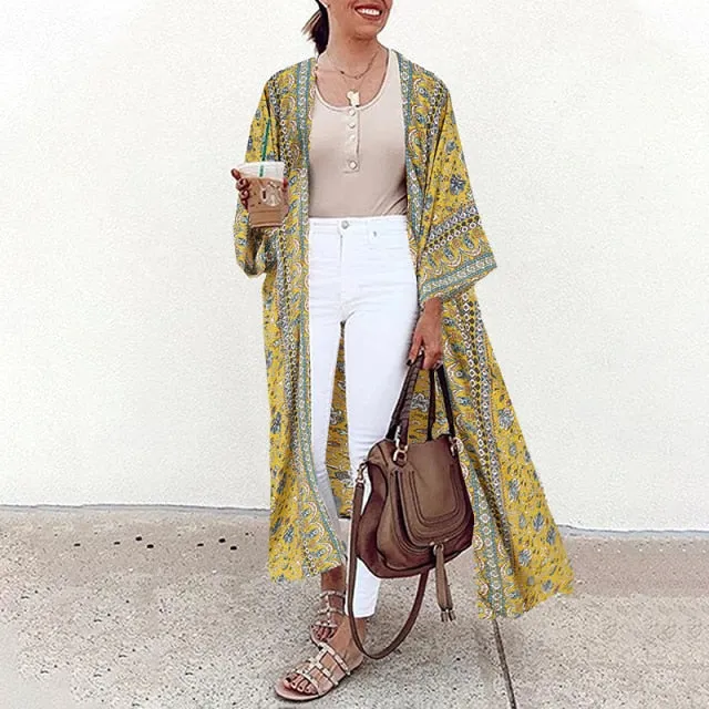 Bohemian Floral Print Summer Beach Cardigan Open Front Long Sleeve Long Kimono