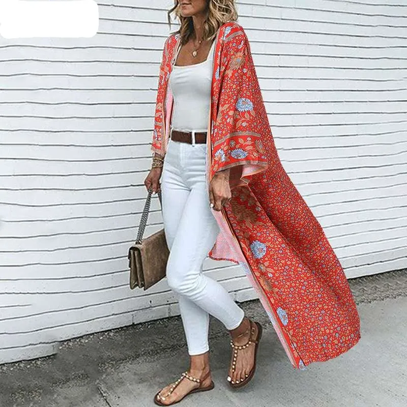 Bohemian Floral Print Summer Beach Cardigan Open Front Long Sleeve Long Kimono