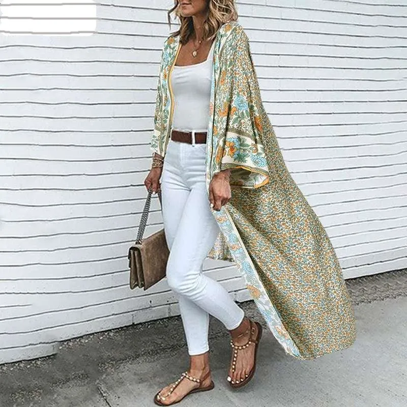 Bohemian Floral Print Summer Beach Cardigan Open Front Long Sleeve Long Kimono