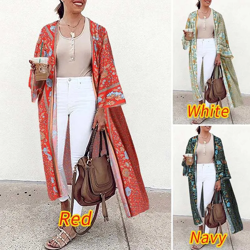 Bohemian Floral Print Summer Beach Cardigan Open Front Long Sleeve Long Kimono