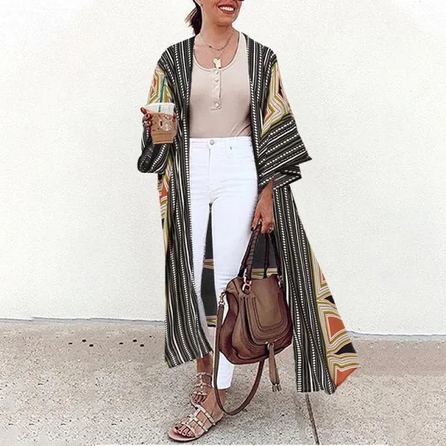 Bohemian Floral Print Summer Beach Cardigan Open Front Long Sleeve Long Kimono