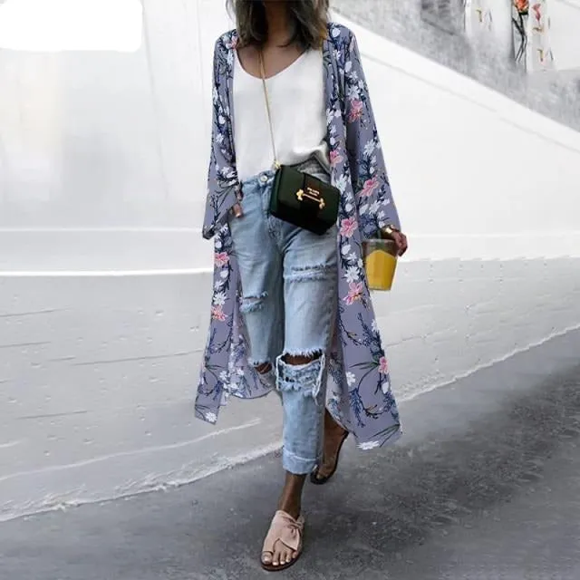 Bohemian Floral Print Summer Beach Cardigan Open Front Long Sleeve Long Kimono