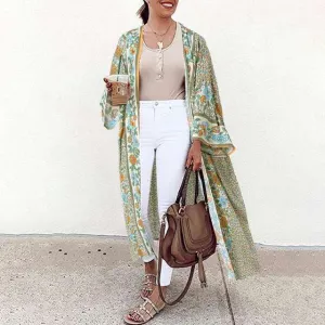 Bohemian Floral Print Summer Beach Cardigan Open Front Long Sleeve Long Kimono