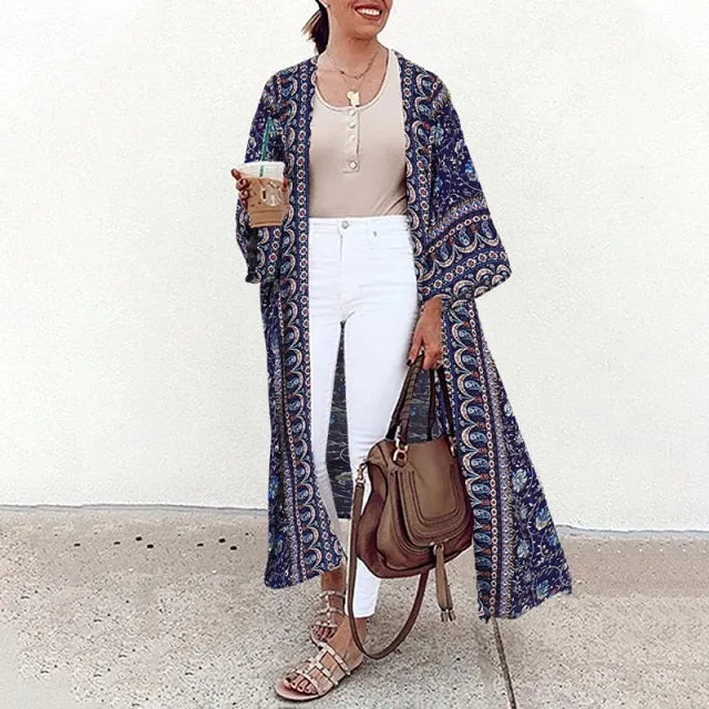 Bohemian Floral Print Summer Beach Cardigan Open Front Long Sleeve Long Kimono