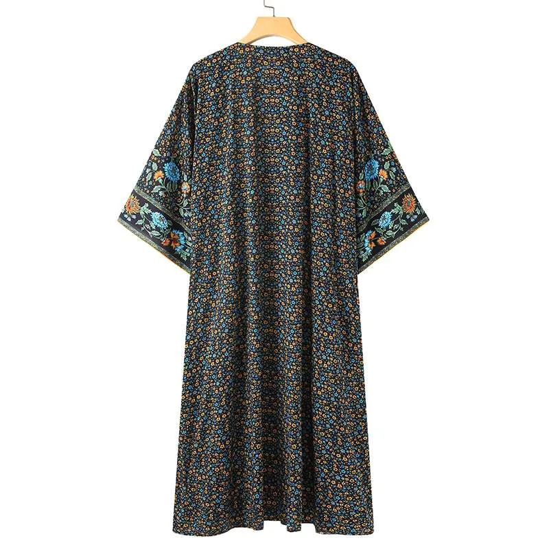Bohemian Floral Print Summer Beach Cardigan Open Front Long Sleeve Long Kimono