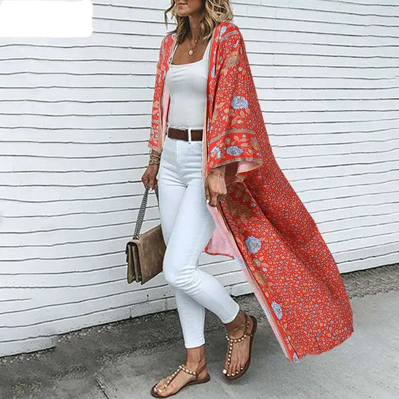 Bohemian Floral Print Summer Beach Cardigan Open Front Long Sleeve Long Kimono
