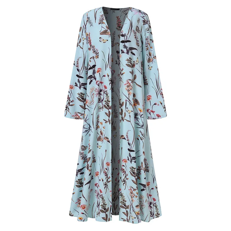 Bohemian Floral Print Summer Beach Cardigan Open Front Long Sleeve Long Kimono