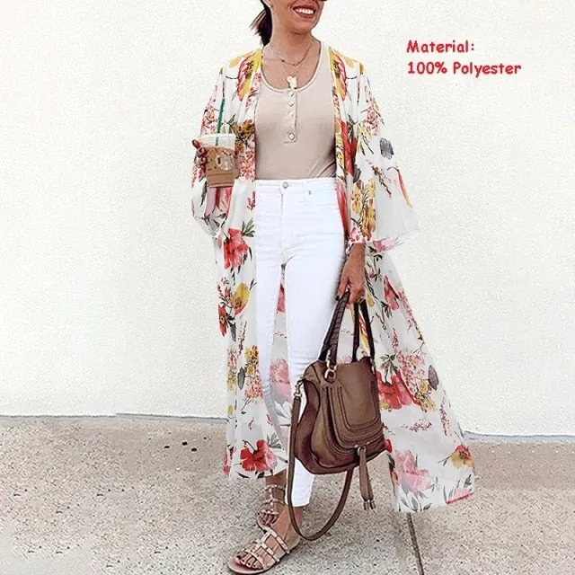 Bohemian Floral Print Summer Beach Cardigan Open Front Long Sleeve Long Kimono