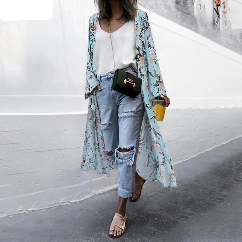 Bohemian Floral Print Summer Beach Cardigan Open Front Long Sleeve Long Kimono