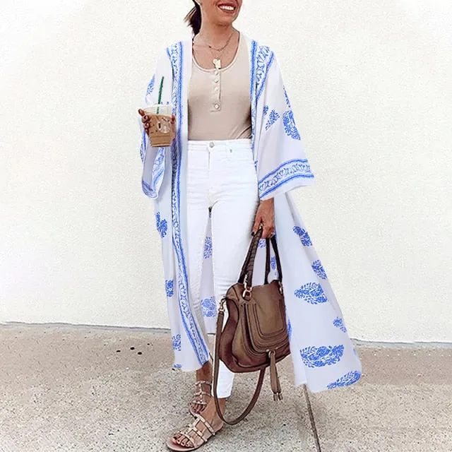 Bohemian Floral Print Summer Beach Cardigan Open Front Long Sleeve Long Kimono
