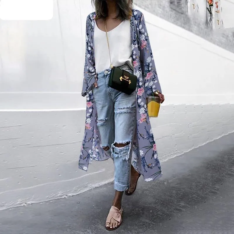 Bohemian Floral Print Summer Beach Cardigan Open Front Long Sleeve Long Kimono