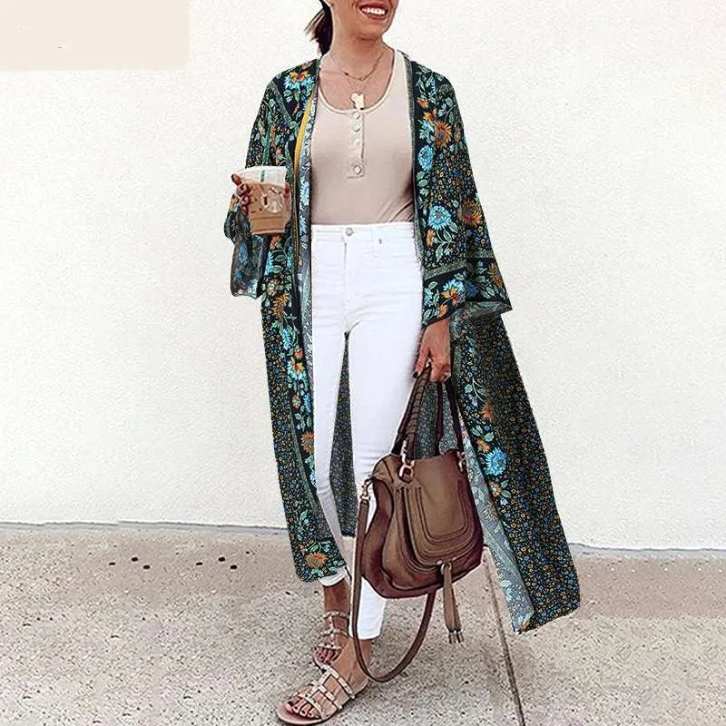 Bohemian Floral Print Summer Beach Cardigan Open Front Long Sleeve Long Kimono