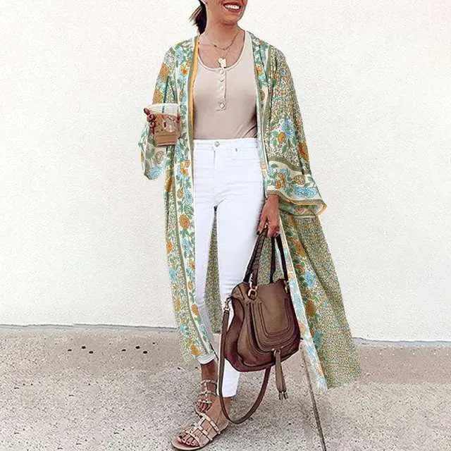 Bohemian Floral Print Summer Beach Cardigan Open Front Long Sleeve Long Kimono