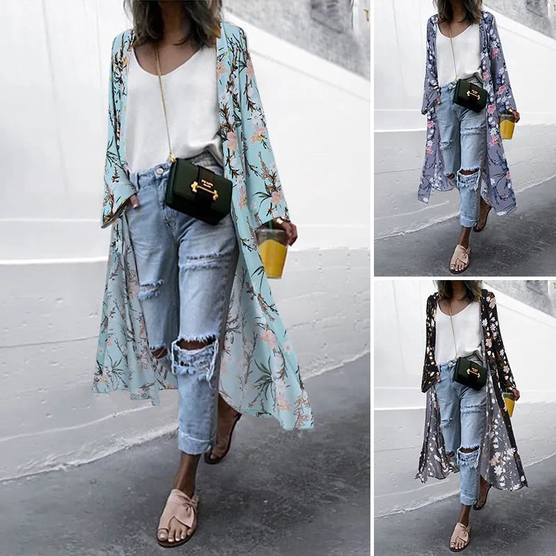 Bohemian Floral Print Summer Beach Cardigan Open Front Long Sleeve Long Kimono