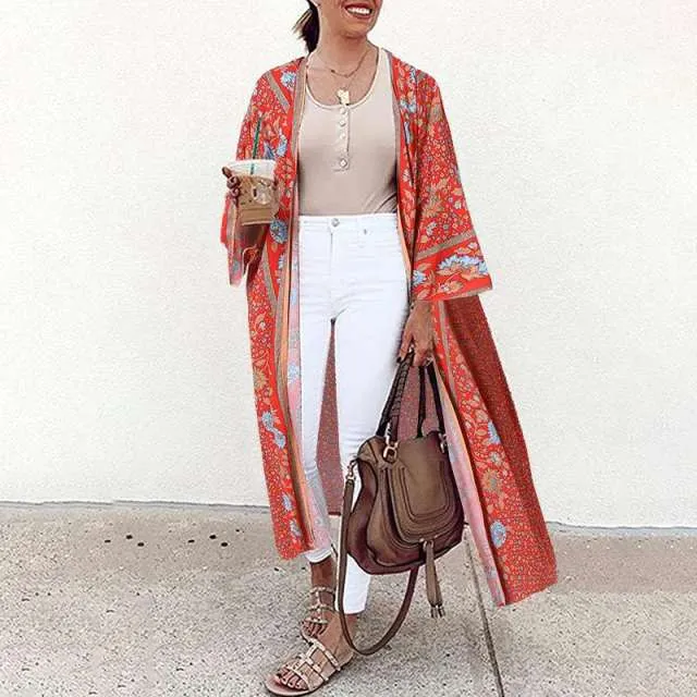 Bohemian Floral Print Summer Beach Cardigan Open Front Long Sleeve Long Kimono