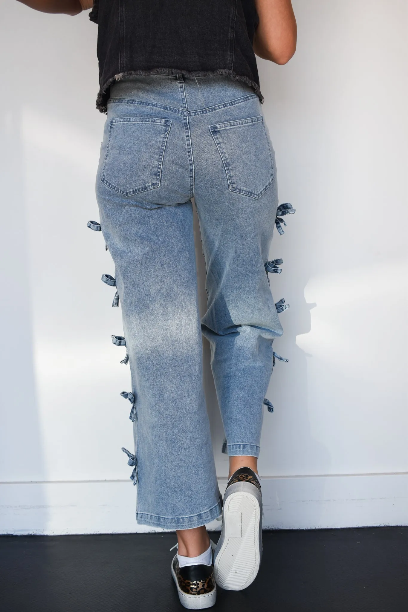 Bow Detail Wide Leg Denim- Medium Wash