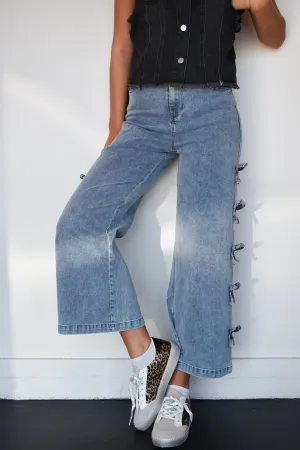 Bow Detail Wide Leg Denim- Medium Wash