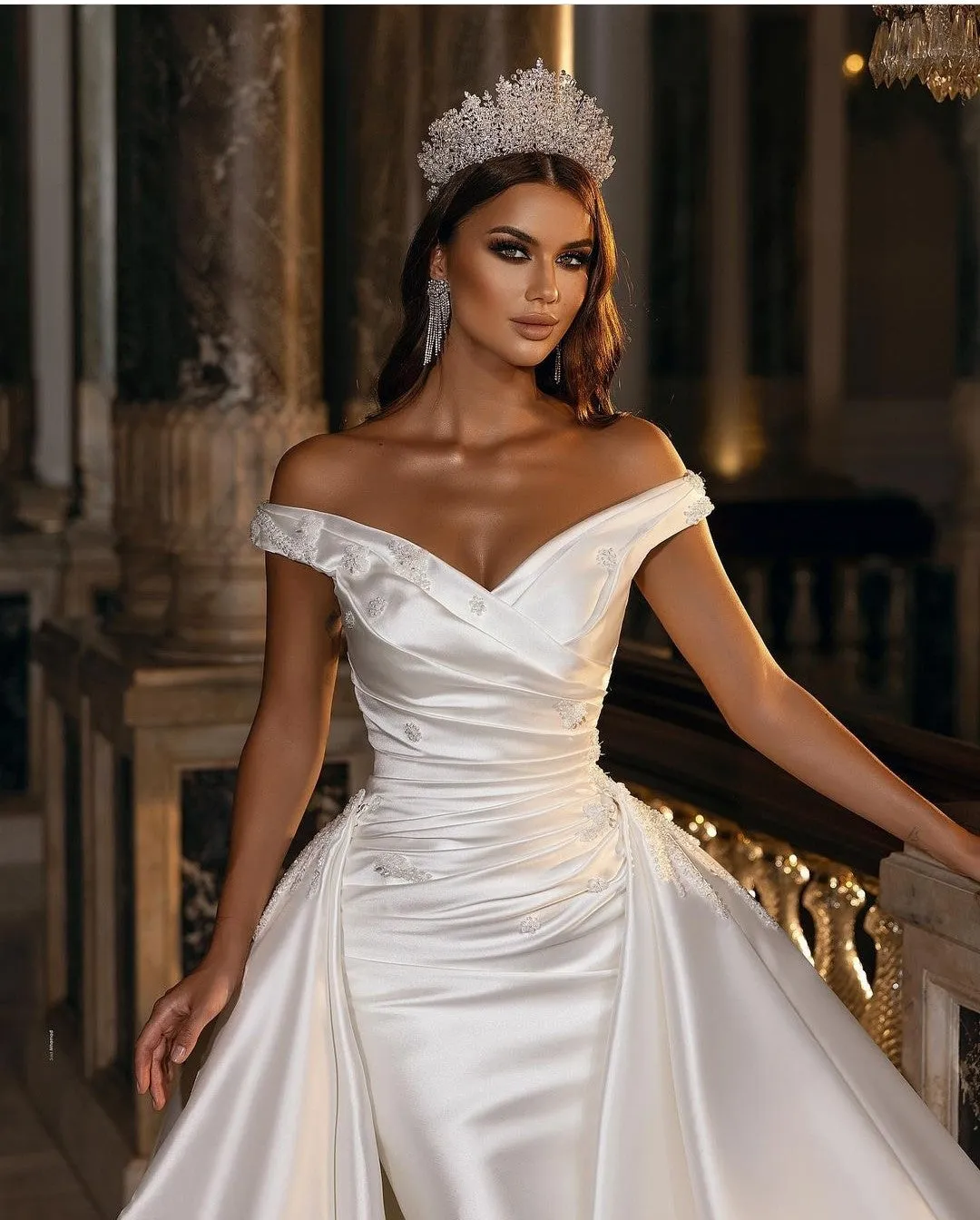 Bride Satin Off-the-shoulder Wedding Dresses with Beaded Chapel Train
