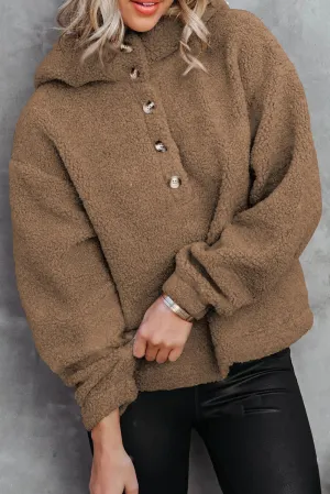Brown Half Button Hooded Loose Teddy Sweatshirt