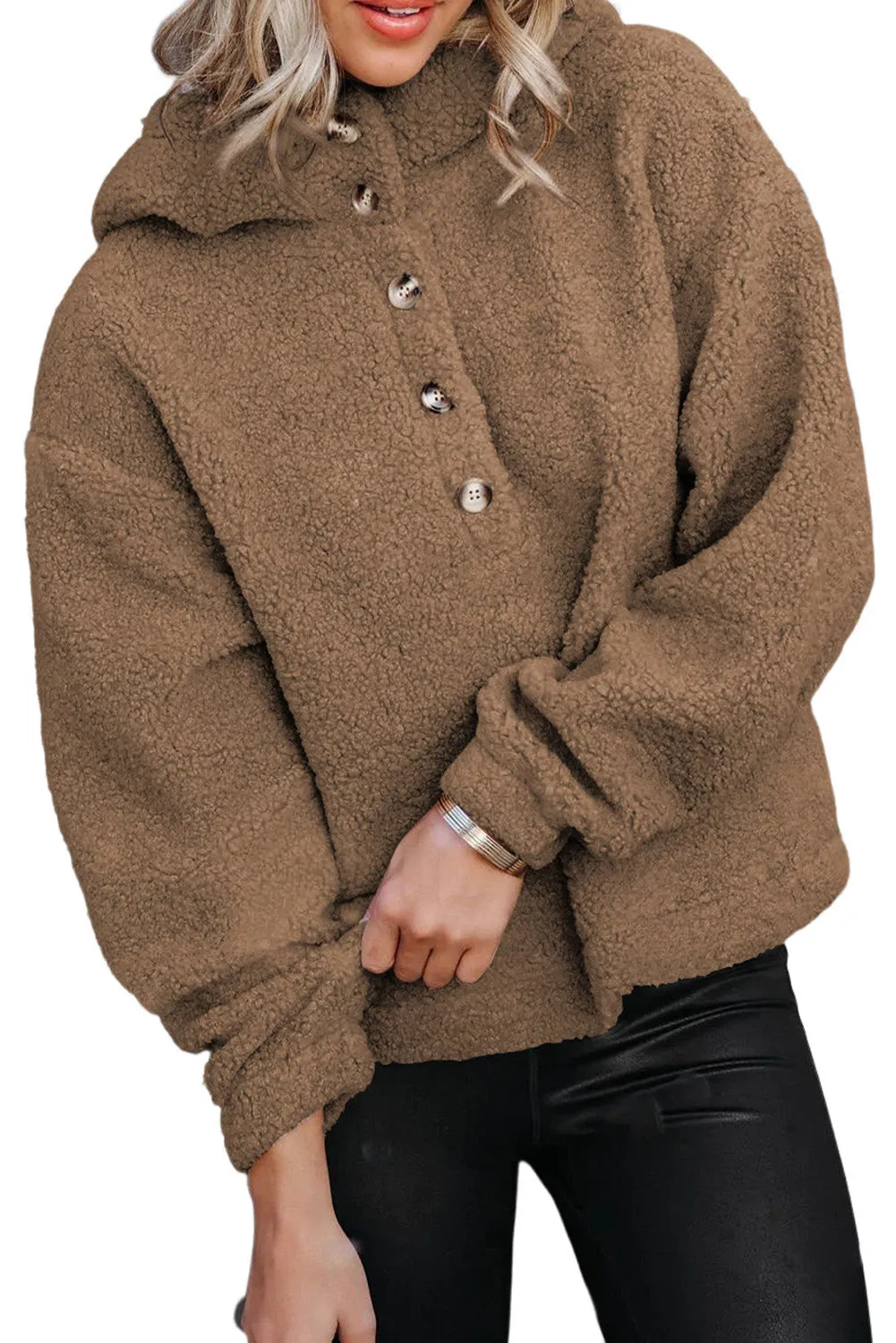 Brown Half Button Hooded Loose Teddy Sweatshirt