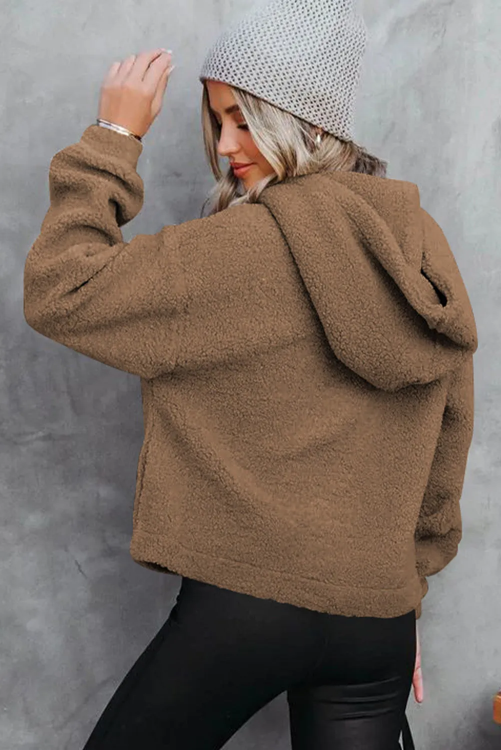 Brown Half Button Hooded Loose Teddy Sweatshirt
