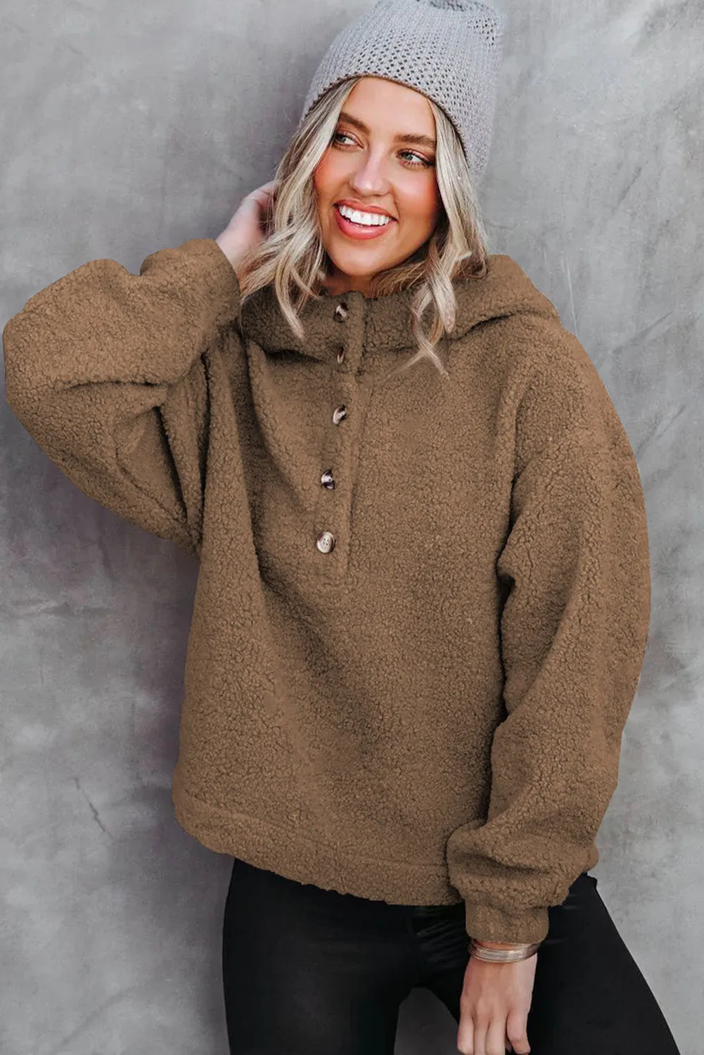 Brown Half Button Hooded Loose Teddy Sweatshirt