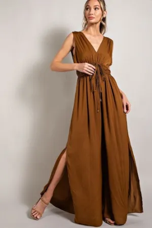 Camel Deep Plunge V Neck Sleeveless Jumpsuit