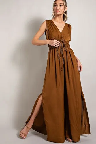 Camel Deep Plunge V Neck Sleeveless Jumpsuit