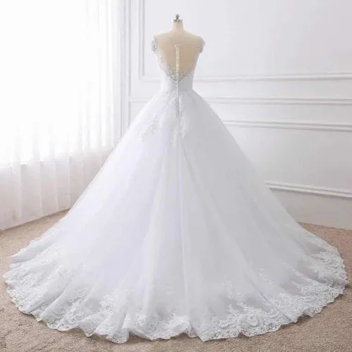 Cap Sleeves White Scoop Lace Wedding Dresses Online, Cheap Bridal Dresses,MW427