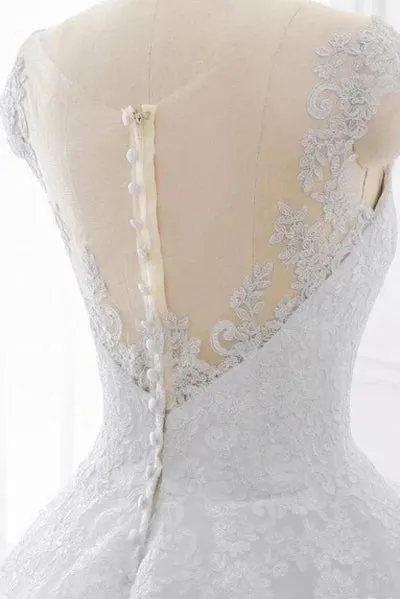 Cap Sleeves White Scoop Lace Wedding Dresses Online, Cheap Bridal Dresses,MW427