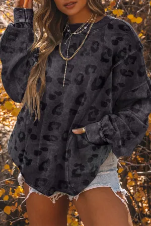Carbon Grey Leopard Print Loose Fit Pullover Sweatshirt
