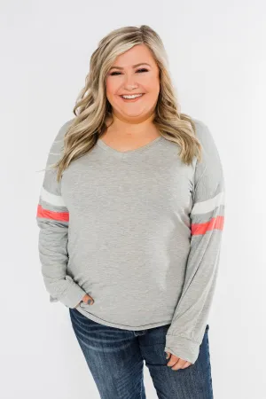 Casual Cutie V-Neck Top- Grey & Coral