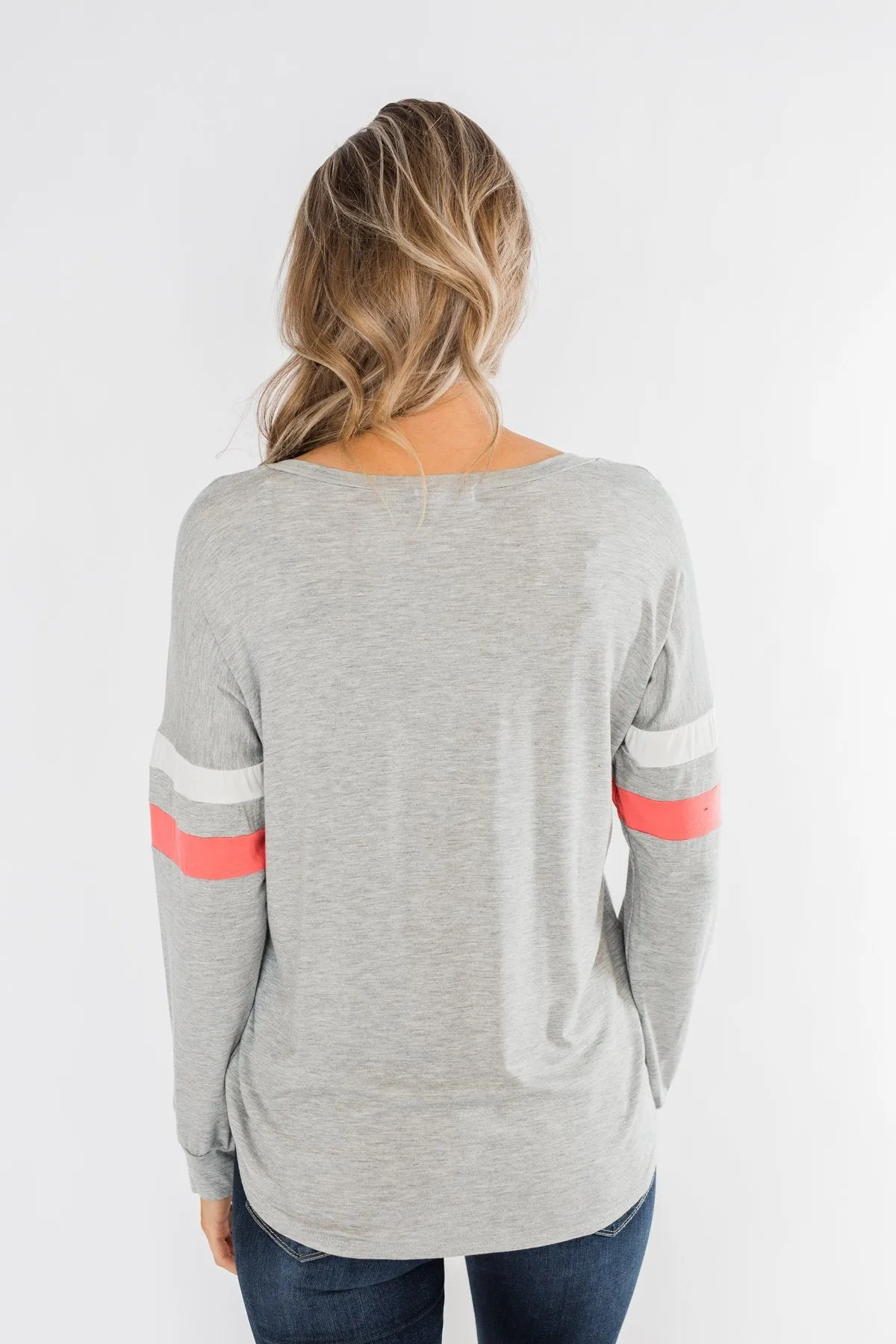 Casual Cutie V-Neck Top- Grey & Coral