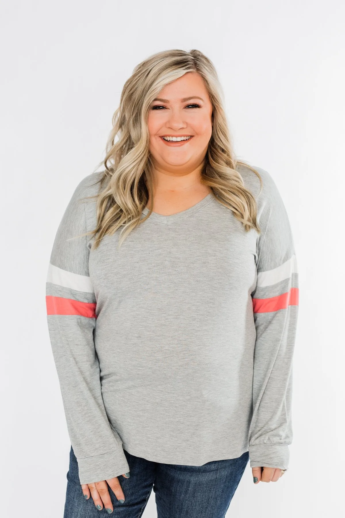 Casual Cutie V-Neck Top- Grey & Coral