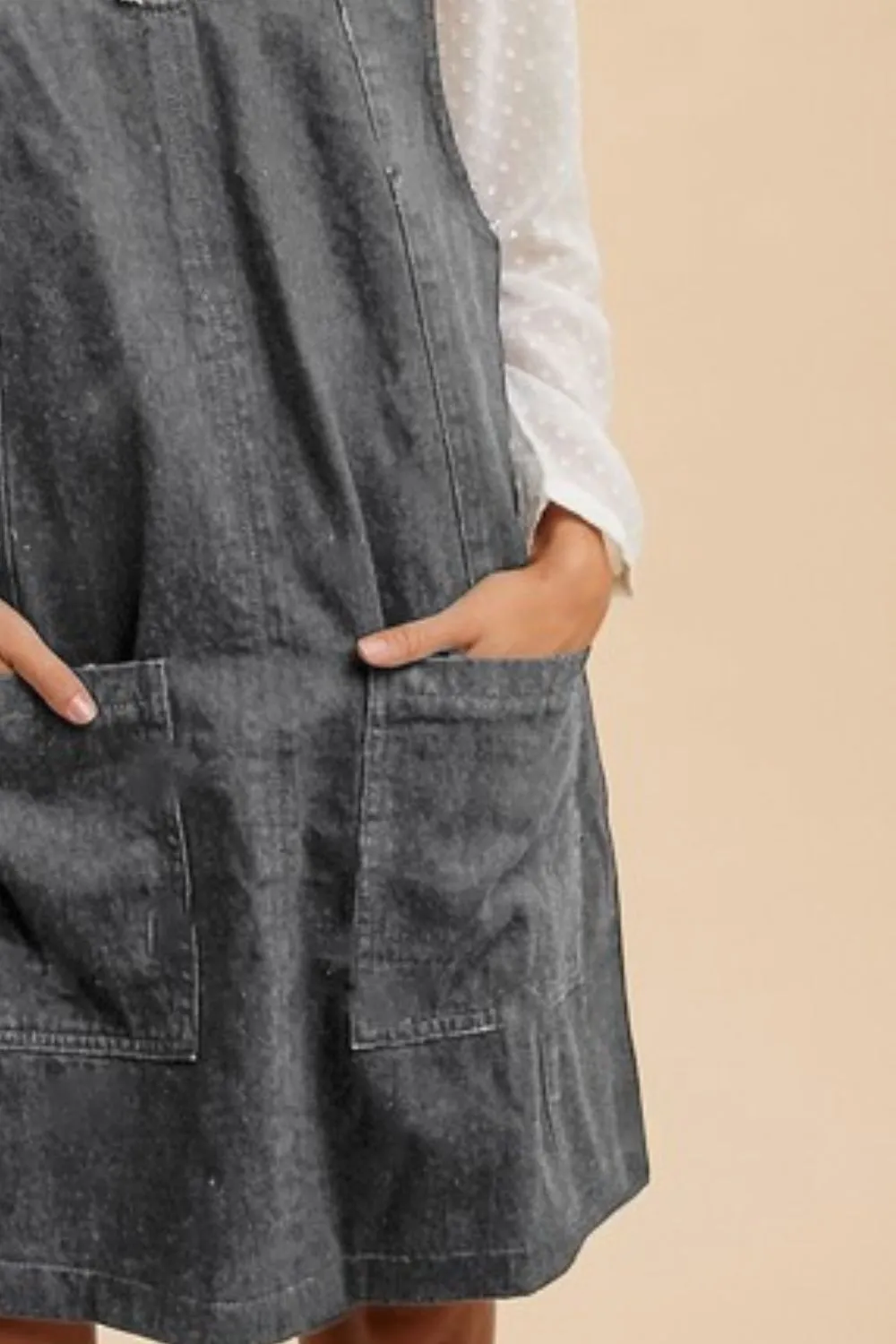 Charcoal Gray V-Neck Adjustable Strap Denim Overall Dress with Pockets