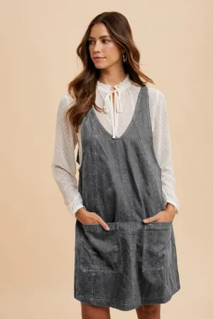 Charcoal Gray V-Neck Adjustable Strap Denim Overall Dress with Pockets