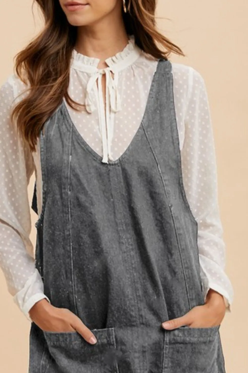 Charcoal Gray V-Neck Adjustable Strap Denim Overall Dress with Pockets
