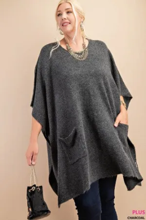 Charcoal Round Neck Poncho Sweater with Pockets