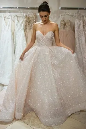 Charming Sparkly Sweetheart A-line Wedding Dresses With Sweep Train, SP643