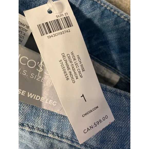 Chico's Women's High-Rise Wide Leg Light Denim Crop Jeans Size 1/8 NWT