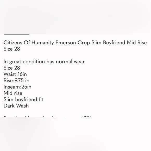 Citizens Of Humanity Emerson Crop Slim Boyfriend Mid Rise Size 28