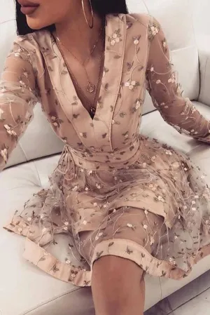 Cute Pink Long Sleeve V-neck Above Knee Homecoming Dresses with Flowers,MH467