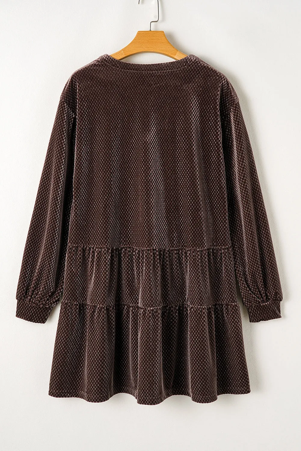 Dark Brown Textured Velvet V Neck Shift Dress